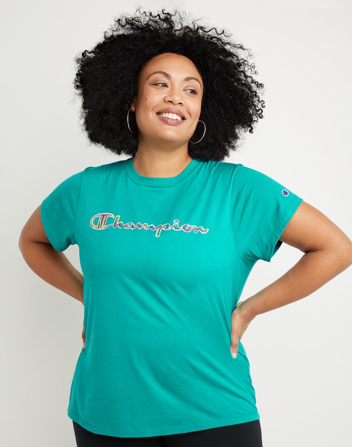 Champion T-Shirt Dames - Turquoise - Plus Classic Brush Stroke Script Logo ( 904763-TMO )